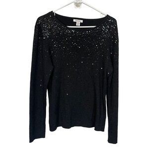 Hampshire Studio Black V Neck Ribbed Sequin Sweater XL